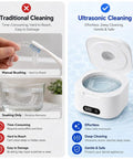 Comparison of manual brushing and soaking vs Retainer Cleaner With UV Light And 49kHz Ultrasonic Deep Cleaning Digital Timer 340ml Stainless Steel Tank Easy To Use For Retainers Aligners Dentures Mouth Guards Night Guards And Jewelry showing toothbrush and ultrasonic cleaner with retainer.