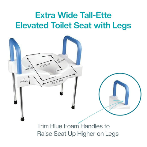 Tall-Ette Elevated Toilet Seat with Extra Wide Seating, Adjustable Aluminum Legs, Blue Foam Armrests, Anti-Slip Bracket