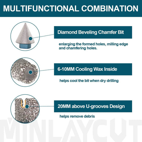 Diamond Core Drill Bit Set For Porcelain Ceramic Tile And Granite Marble Heavy Duty 9 Piece Tile Hole Saw Kit With 6 8 10 20 25 35 Mm Bits 35B Beveling Chamfer Bit And Hex Shank Adapter Vacuum Brazed For Fast Clean Holes with details on beveling chamfer bit, cooling wax, U-grooves.