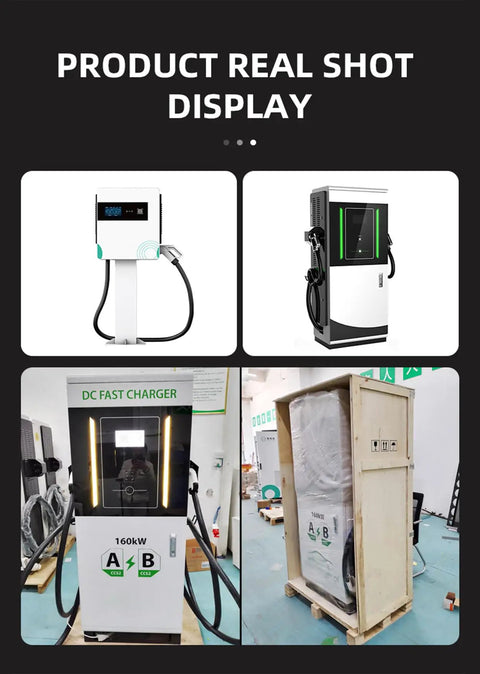 Beat Range Anxiety With Heavy Duty 60KW Or 120KW DC Fast Charger EV Charging Station Featuring App Control For Outdoor Sites And Commercial Fleets To Juice Up Rigs Straight Out The Gate. Image showing different models and packaging of the EV charger.