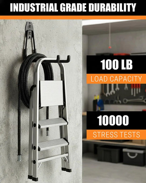 Tough As Nails Heavy Duty Garage Hooks Six Pack Wall Mounts holding a ladder and hose, industrial grade black, 100 lb capacity.