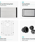 Undermount Kitchen Bar Sink 18 x 16 x 9 Inches Black Stainless Steel Small Bar Prep Sink accessories including drying basket and rack.