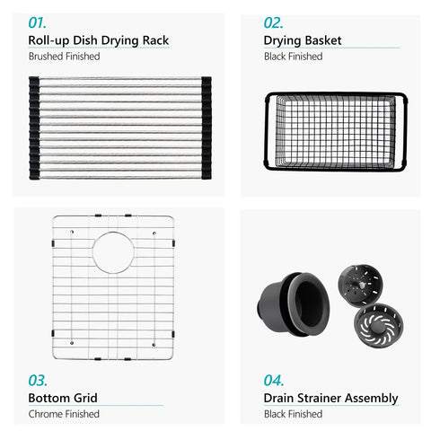 Undermount Kitchen Bar Sink 18 x 16 x 9 Inches Black Stainless Steel Small Bar Prep Sink accessories including drying basket and rack.