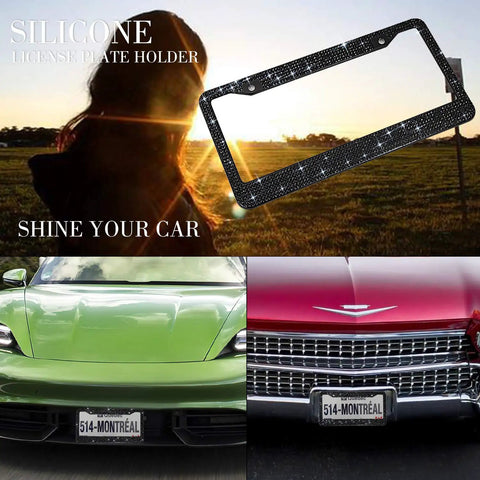 Sparkly Stainless Steel Bling License Plate Frame For Women With Over 1200 Faceted Crystal Rhinestones Scratch Guard Edge Black Finish Includes Free Glitter Diamond Box displayed with cars and sunset