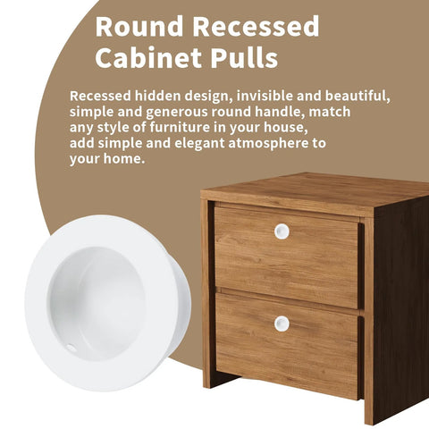 Round Recessed Cabinet Pulls white flush door pulls on a wooden drawer, product focus Recessed Cabinet Pulls 2 Inch Round White Flush Door Pulls