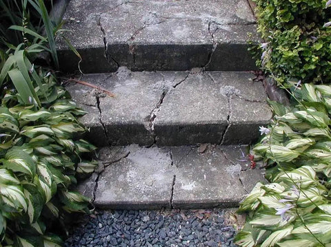 Cracked concrete steps, potential site for Expansive Demolition Grout for Rock Breaking and Concrete Cutting, 18,000 PSI Beast Strength.