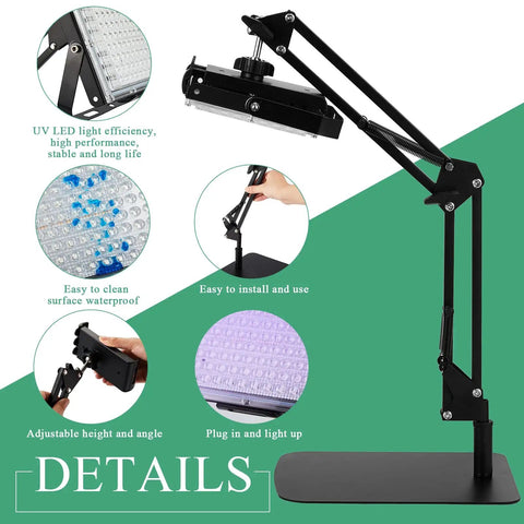 50W LED UV Screen Printing Exposure Unit With Retractable Adjustable Stand showing LED details and adjustable features