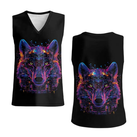Dope Men's Graphic Tank Top Sleeveless V Neck Shirt Quick Dry Athletic Gym Vest featuring a wolf design in vibrant colors.