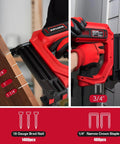 Smooth Shooting 2 In 1 Corded Electric Brad Nailer And Staple Gun With 18 Gauge Fasteners and Narrow Crowns, showing nail sizes and staples.