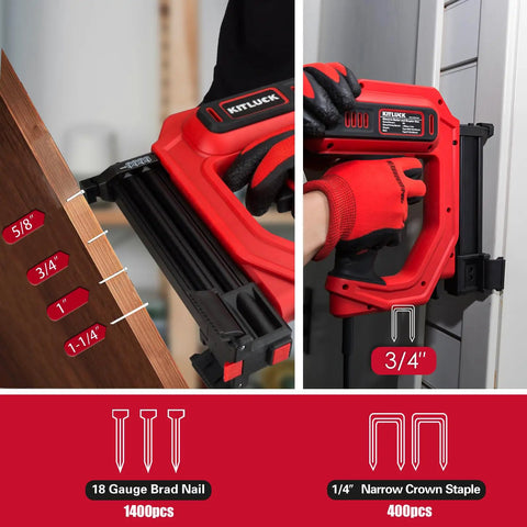 Smooth Shooting 2 In 1 Corded Electric Brad Nailer And Staple Gun With 18 Gauge Fasteners and Narrow Crowns, showing nail sizes and staples.