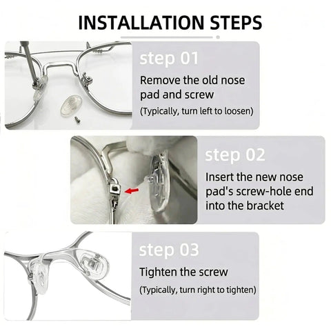 Installation steps for Kick Nose Bruising To The Curb With These 15 Piece Pack Ultra Soft Silicone Eyeglass Nose Pads.
