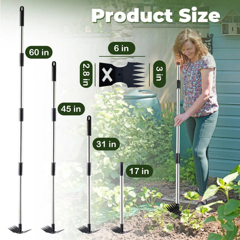 Woman using 60 Inch Weed Puller With Long Handle, 2 In 1 Garden Weed Rake And Hoe in garden, showing adjustable size and rake head.