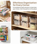 Eight Pack Small Clear Storage Bins With Lids 3.2 Qt Stackable Plastic Storage Containers For Organizing Toys Office Supplies Makeup Snacks Crafts And More in various settings.