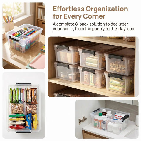 Eight Pack Small Clear Storage Bins With Lids 3.2 Qt Stackable Plastic Storage Containers For Organizing Toys Office Supplies Makeup Snacks Crafts And More in various settings.
