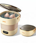 Portable Foldable Washing Machine 13 Liter Mini Washer With Spin Basket showing a bra soaking in water inside the tub.
