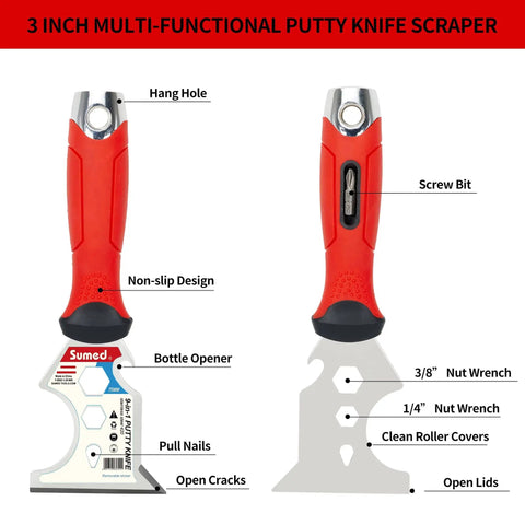 Premium Stainless Steel Drywall Tool Kit With 9 In 1 Putty Knife Set Including multi-functional 3-inch putty knife scraper