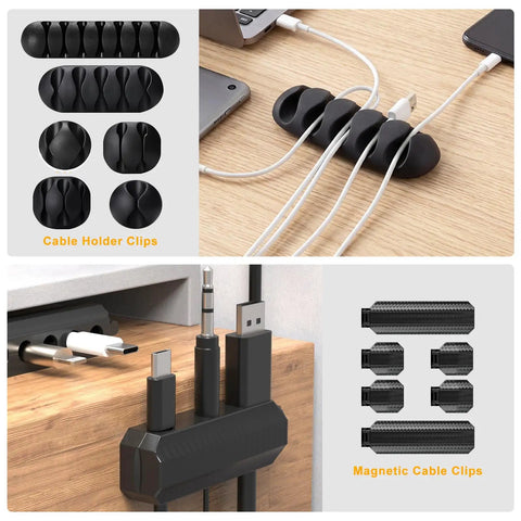 All In One Cable Management Kit For Computer Desk And TV Setup with black cable holder clips on desk