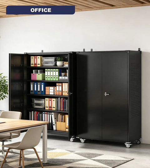 Heavy Duty Rolling Tool Cabinet With Lockable Doors And Pegboard in office setting, black 43W x 22D x 72H with shelves.