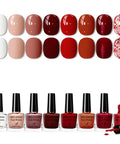 Red Nail Polish Set With 8 Trendy Colors Including Nude Pink Shimmer, Dark Burgundy, Bloody Mary, Glitter Sequins, And Metallic Accent