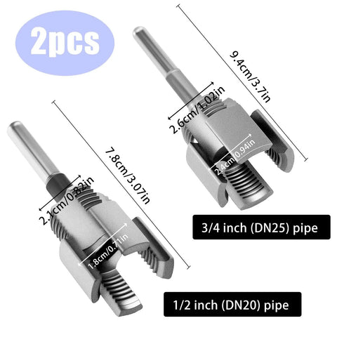 This 2 Piece Integrated Pipe Threading Tool Set For Electric Drill Handles Both External And Internal Threads. Featuring 1/2 In And 3/4 In NPT Cutter Sizes, It Is Perfect For PVC Pipe Work.