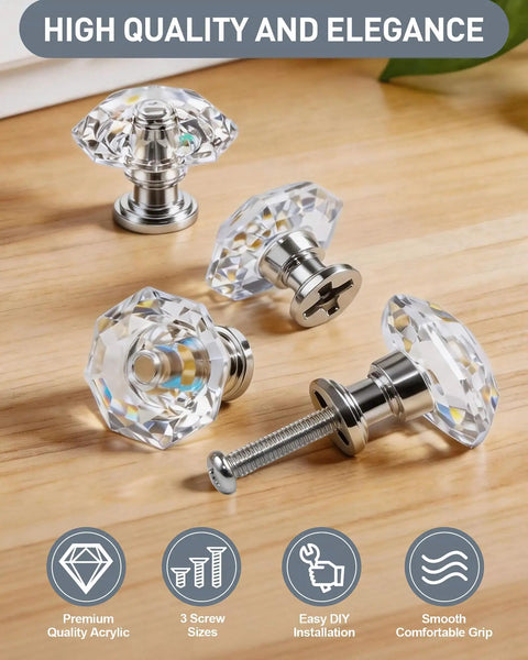 20 Pack Acrylic Drawer Cabinet Knobs Pulls With Three Size Screws Diamond Shaped Crystal Glass 28mm Dresser Handles Silver