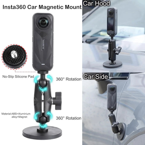 Insta360 car magnetic mount with 360-degree rotation, shown on car hood and side, featuring no-slip silicone pad and durable material.