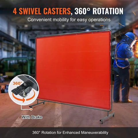Heavy Duty Welding Curtain With Steel Frame, 6 X 8 Ft Flame Resistant Vinyl Screen On Smooth Rolling Locking Casters, Pro Grade Mobile Spark Shield For Shops And Garages In Bold Red