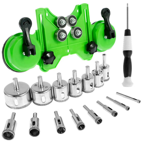 Adjustable Diamond Hole Saw Kit with hollow drill guide, suction cup base, 15 drill bits for glass, ceramic, marble, granite.