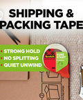 Smooth Operator Clear Shipping Packing Tape With Heavy Duty Dispenser For Quick Box Sealing and Fast Rollout In Bulk Six Pack Supply For Straight Ahead Warehouse Jobs on cardboard with scissors.