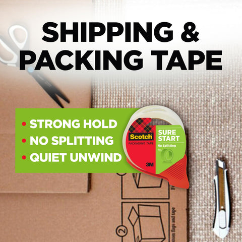 Smooth Operator Clear Shipping Packing Tape With Heavy Duty Dispenser For Quick Box Sealing and Fast Rollout In Bulk Six Pack Supply For Straight Ahead Warehouse Jobs on cardboard with scissors.