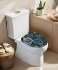 Elongated Vintage Botanical Blue Detailed Foliage Toilet Seat on white toilet, featuring blue floral design. Resin material, soft-close hinge.