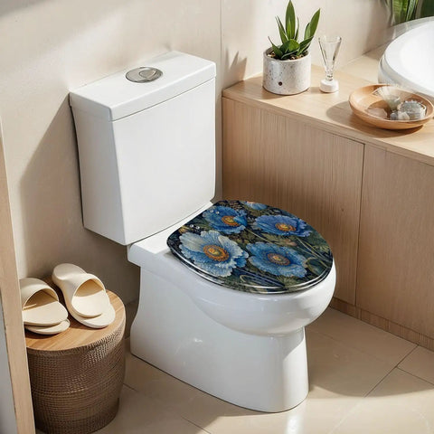 Elongated Vintage Botanical Blue Detailed Foliage Toilet Seat on white toilet, featuring blue floral design. Resin material, soft-close hinge.