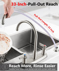 Two Handle High Arc Kitchen Faucet With Side Sprayer In Slick Brushed Nickel Finish featuring 33-inch pull-out reach for rinsing.