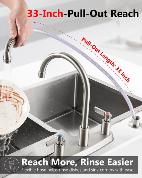 Two Handle High Arc Kitchen Faucet With Side Sprayer In Slick Brushed Nickel Finish featuring 33-inch pull-out reach for rinsing.