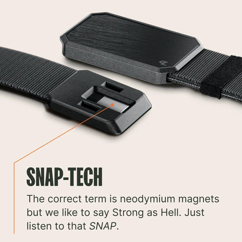 Close-up of the black magnetic buckle on the Patriotic Flag Belt With Magnetic Buckle Black On Black Stretch Nylon Tactical Belt For Men.