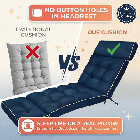 Comparison of traditional cushion and Oxford Blue Outdoor Chaise Lounge Cushion With Memory Foam Replacement For Patio Pool Lounge Chair Pad With Ties 74 By 22 By 4 Inches Cozy Plush Comfort For Outdoor Furniture.