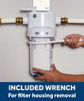 Whole House Water Filtration System Built Tough With Clear Sump, Reduces Sediment, Rust, Dirt And More, Includes Install Kit And Accessories, Easy Basement Setup, Replace Filters Every 3 Months For Smooth Water GXWH40L with wrench for filter removal.