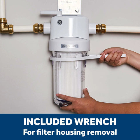 Whole House Water Filtration System Built Tough With Clear Sump, Reduces Sediment, Rust, Dirt And More, Includes Install Kit And Accessories, Easy Basement Setup, Replace Filters Every 3 Months For Smooth Water GXWH40L with wrench for filter removal.