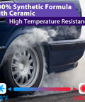 Car wheel emitting smoke, highlighting Extreme Temp Ceramic Brake Caliper Lubricant with brush top can for high friction parts.