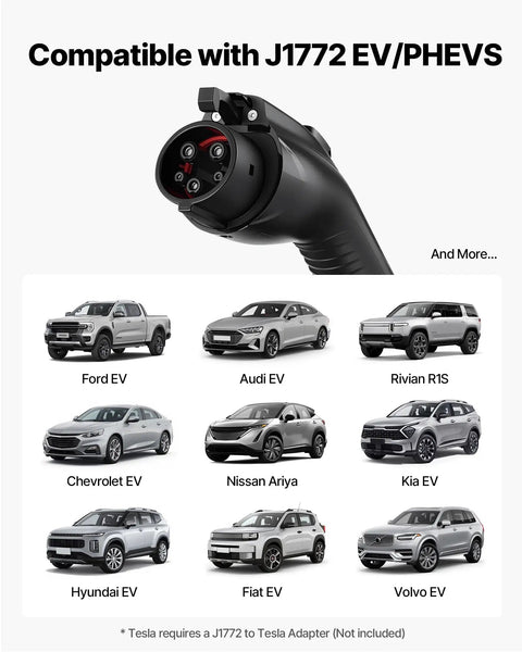 Compatible J1772 EV plug with images of various compatible cars, including Ford, Audi, and Hyundai models, for Charge Anywhere Level 1 and 2 Portable EV Charger With 25 Foot Cable, 16 Amp Adjustable 12A and 16A, IP66 Weatherproof NEMA 6 20P Plug and 5 15 Adapter, J1772 Home Charging Station With LCD Display.