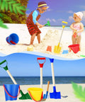 Children playing with 12 Piece Kids Beach Toy Set With Colorful Buckets Shovels Rakes Forks Trowels And Wooden Handle Garden Tools For Sand Water Play Great For Epic Summer Fun At The Beach Or Pool For Boys And Girls on a sandy beach.