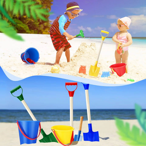 Children playing with 12 Piece Kids Beach Toy Set With Colorful Buckets Shovels Rakes Forks Trowels And Wooden Handle Garden Tools For Sand Water Play Great For Epic Summer Fun At The Beach Or Pool For Boys And Girls on a sandy beach.