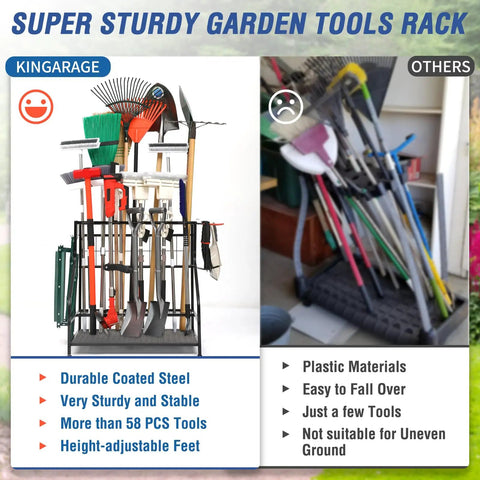 Comparison of Beefy Heavy Duty Garden Tool Organizer for Garage and Shed Holds Up To 58 Long Handled Tools next to other racks.