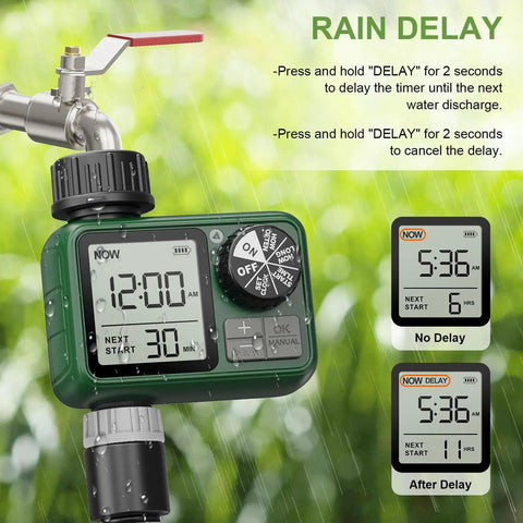 Water Timer For Outdoor Garden Hose With Auto, Manual And Rain Delay Modes, LCD display, faucet connection, 2024 Upgrade