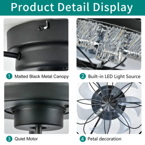 Detailed view of Yunstore Glowlings Rustic Flower Caged Ceiling Fan with Light (Matte Black) showing LED light and petal design.