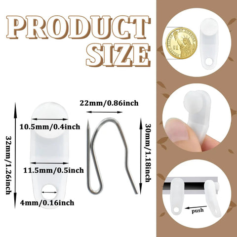50 Pack White Plastic Traverse Rod Slides And Metal Curtain Hooks For Easy Smooth Curtain Hanging Durable No Fuss Window Drapery Track Replacement Kit With Quick Install, white slide and hook sizes shown