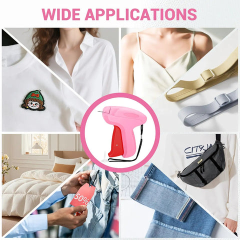 Top Notch Handheld Quick Stitch Gun For Clothes And Denim seen in various sewing tasks with garments and accessories.