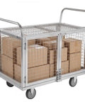 Badass 7 In 1 Convertible Platform Truck With Swivel Casters And Detachable Wire Cages For Heavy Duty Warehouse Material Transport Gonna Handle Any Load Legit Fast filled with cardboard boxes.