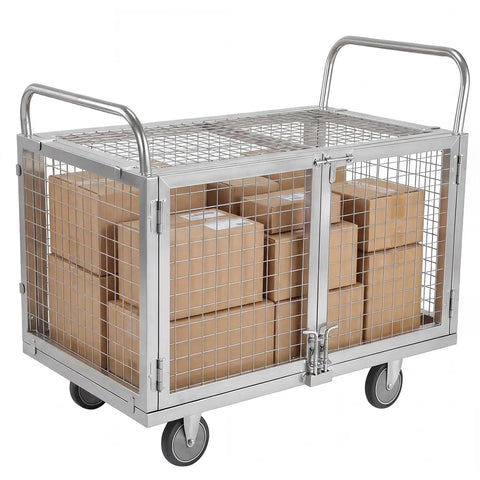 Badass 7 In 1 Convertible Platform Truck With Swivel Casters And Detachable Wire Cages For Heavy Duty Warehouse Material Transport Gonna Handle Any Load Legit Fast filled with cardboard boxes.
