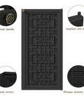 Close-up of the Outdoor Storage Cabinet with shelf showing the black antique texture, swivel handle, and design details.